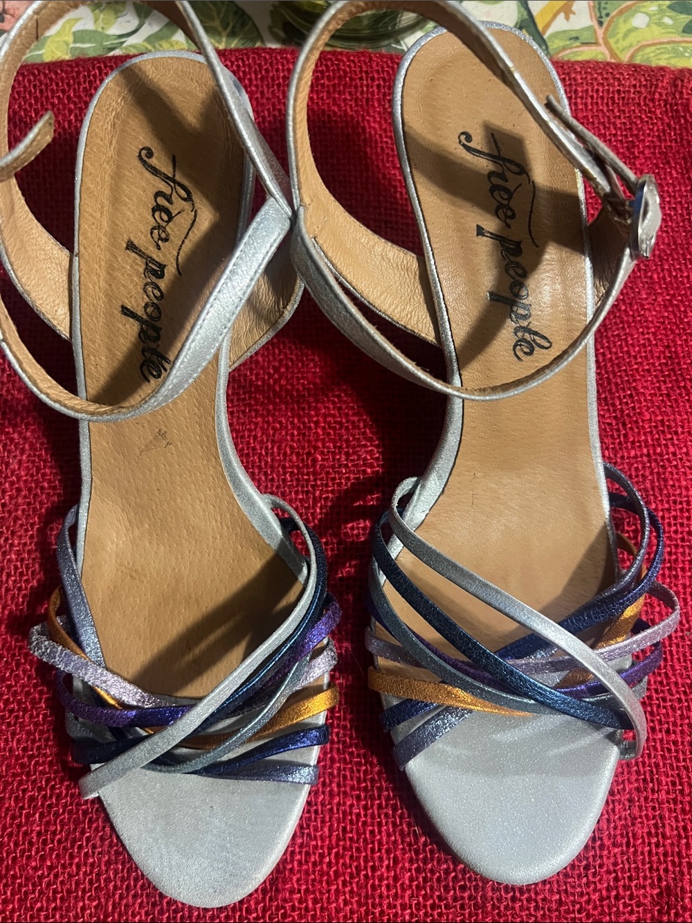 Free People Silver Strappy Sandals with Metallic Multi-Color Accents